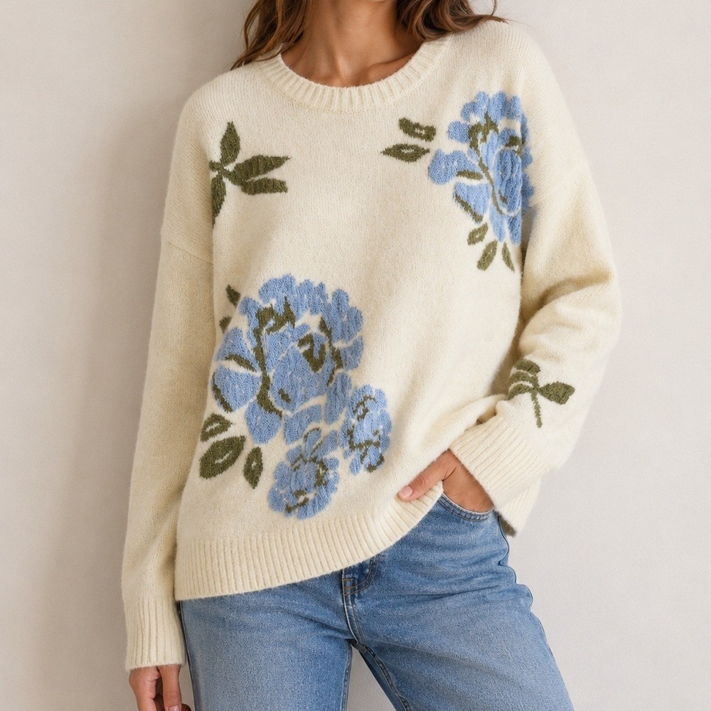 Ted Baker London Womens Floral Intarsia Knit Sweater Cream Blue Wool Alpaca M - Picture 1 of 8